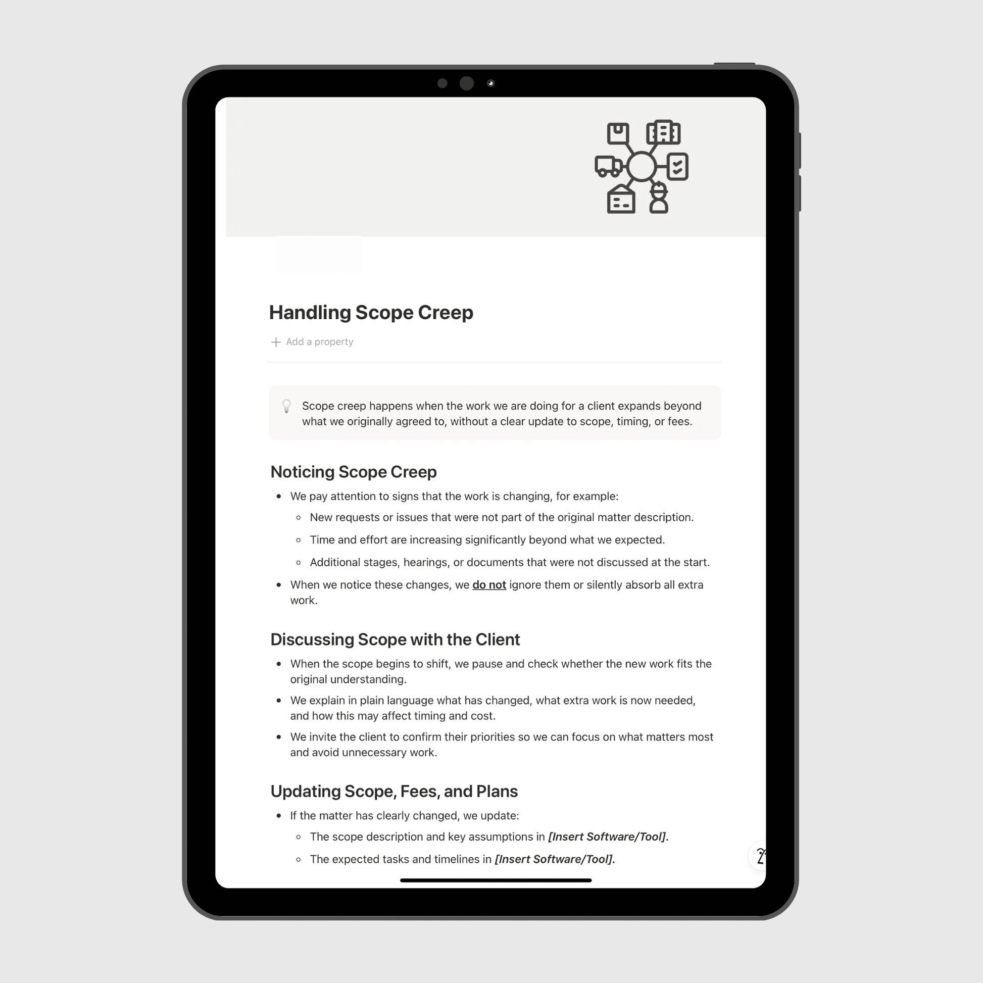 Tablet displaying a document on handling scope creep with text and icons.