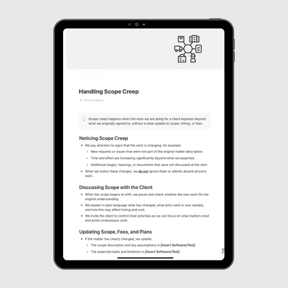 Tablet displaying a document on handling scope creep with text and icons.
