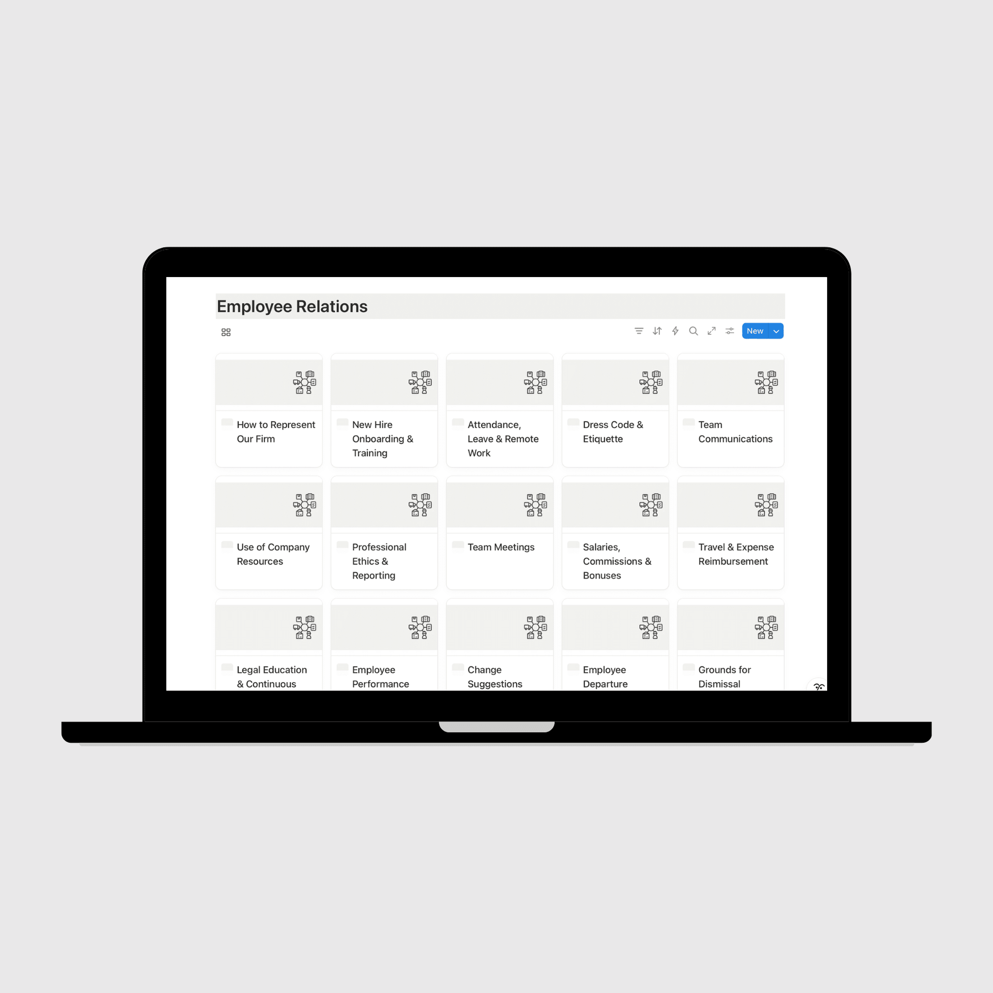 Laptop displaying a 'Employee Relations' dashboard on a light gray background