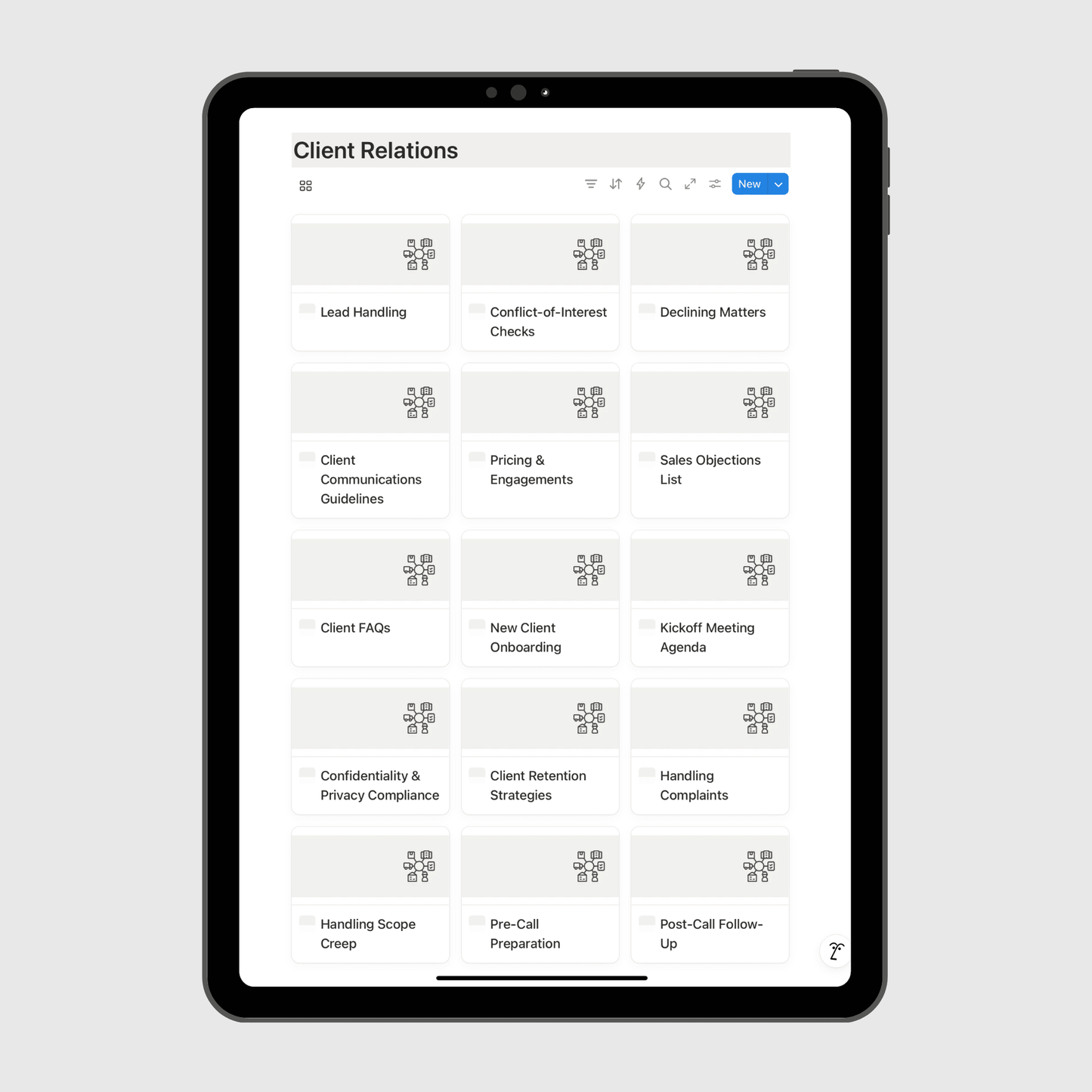 Tablet displaying a digital document titled 'Client Relations' on a light gray background