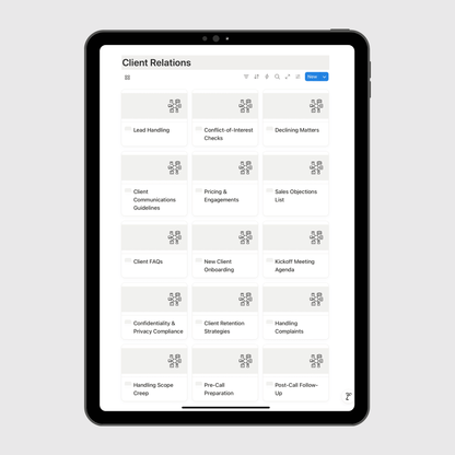 Tablet displaying a digital document titled 'Client Relations' on a light gray background