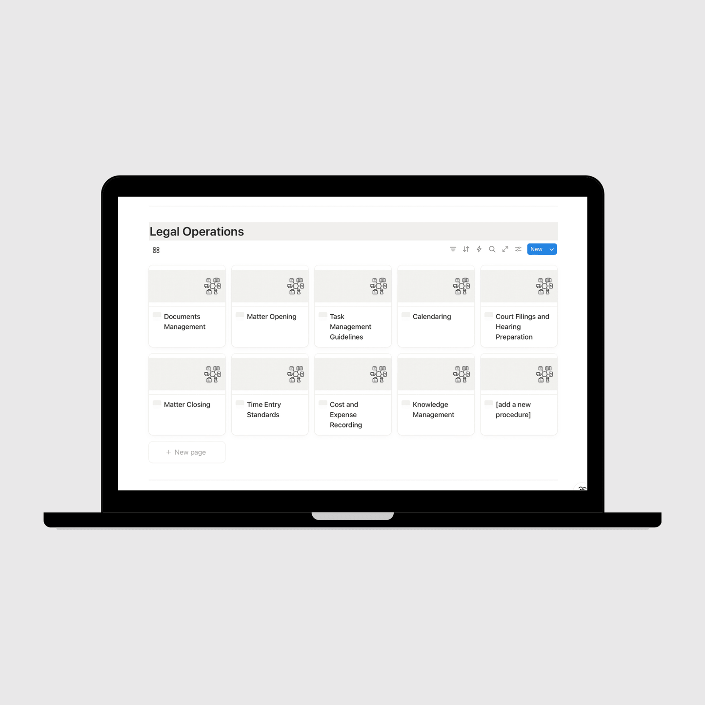 Laptop displaying a legal operations dashboard on a light gray background