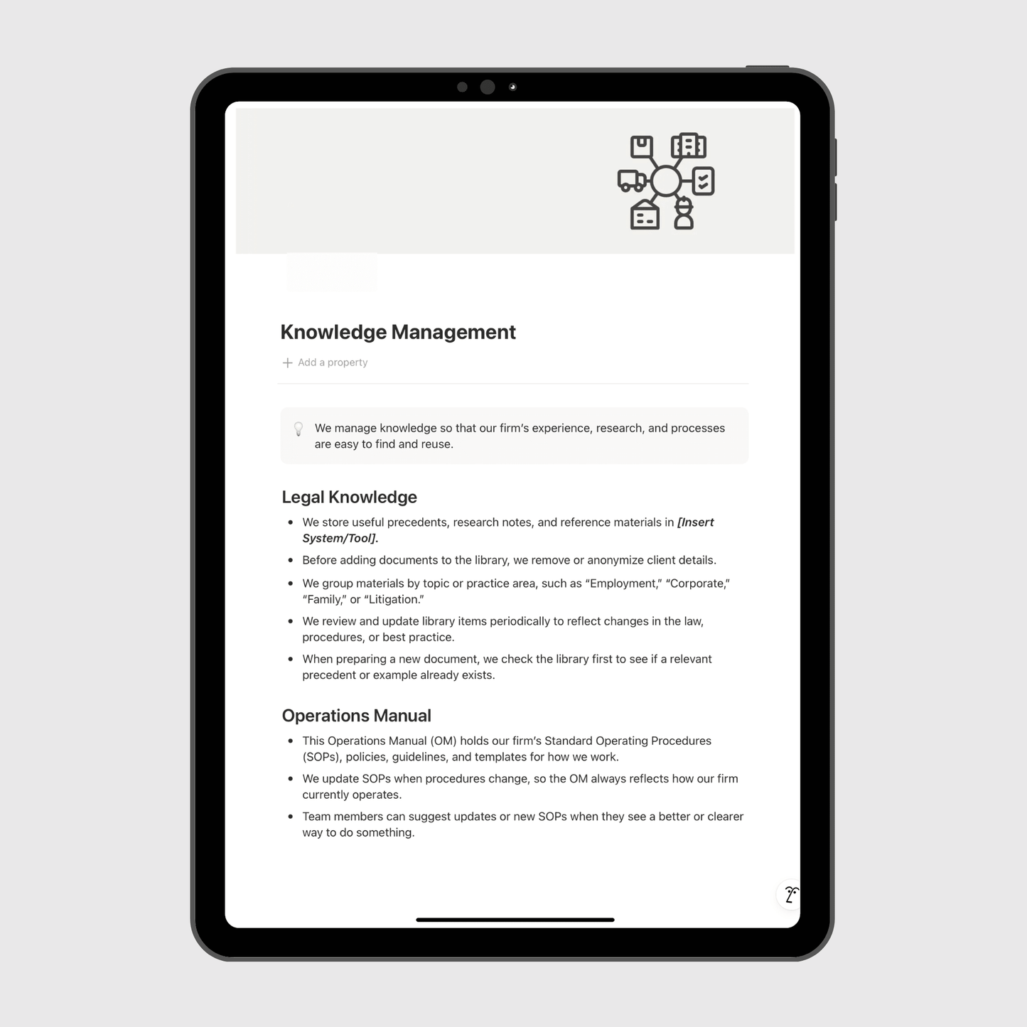 iPad displaying a knowledge management system on a white background