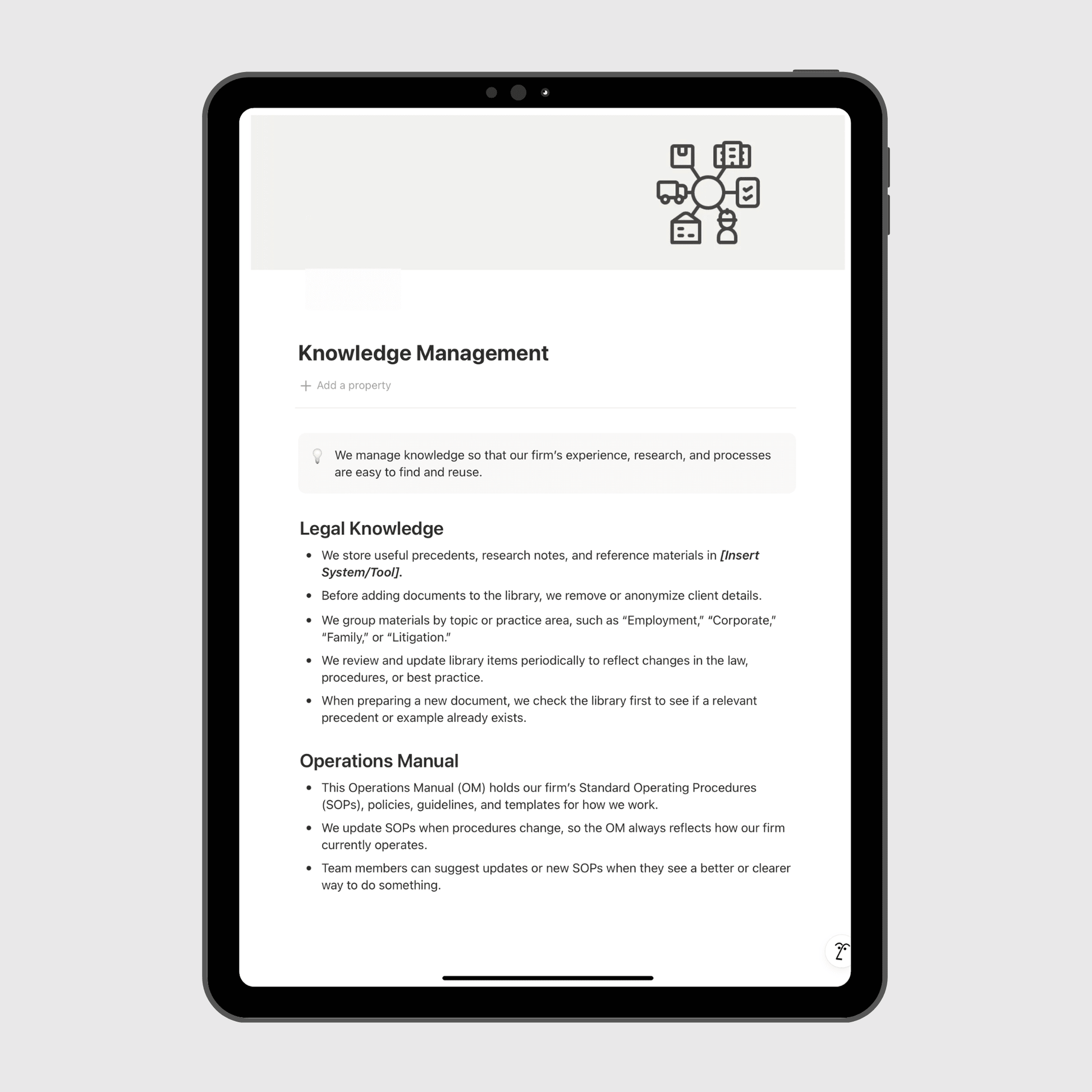 iPad displaying a knowledge management system on a white background