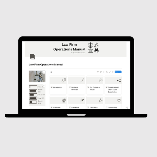 Laptop displaying a Law Firm Operations Manual on a light gray background