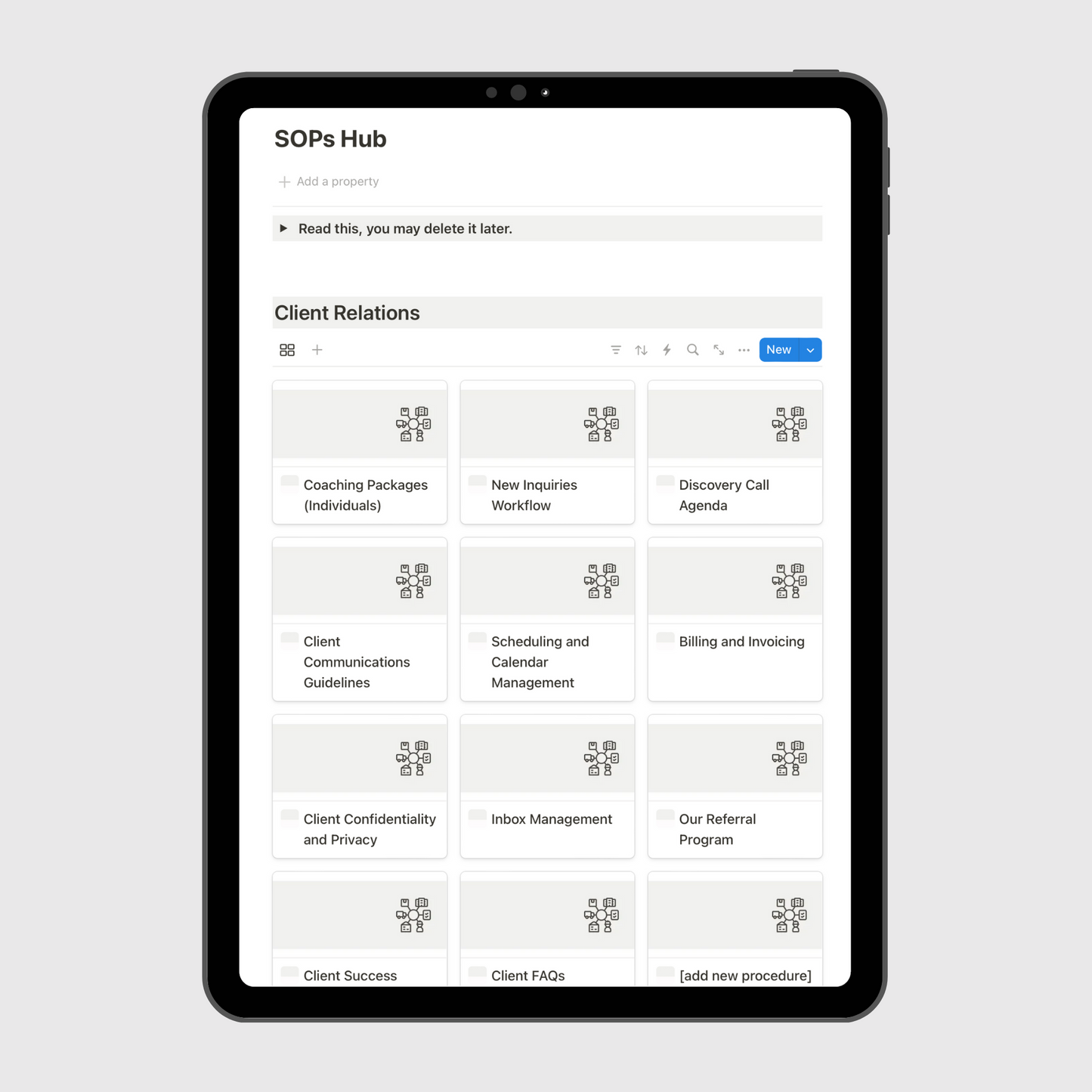 Notion-based SOPs Hub for a coaching business shown on a tablet, highlighting the Client Relations section with templates like Coaching Packages, Discovery Call Agenda, New Inquiries Workflow, Client Communications Guidelines, Billing and Invoicing, and Client Success systems.