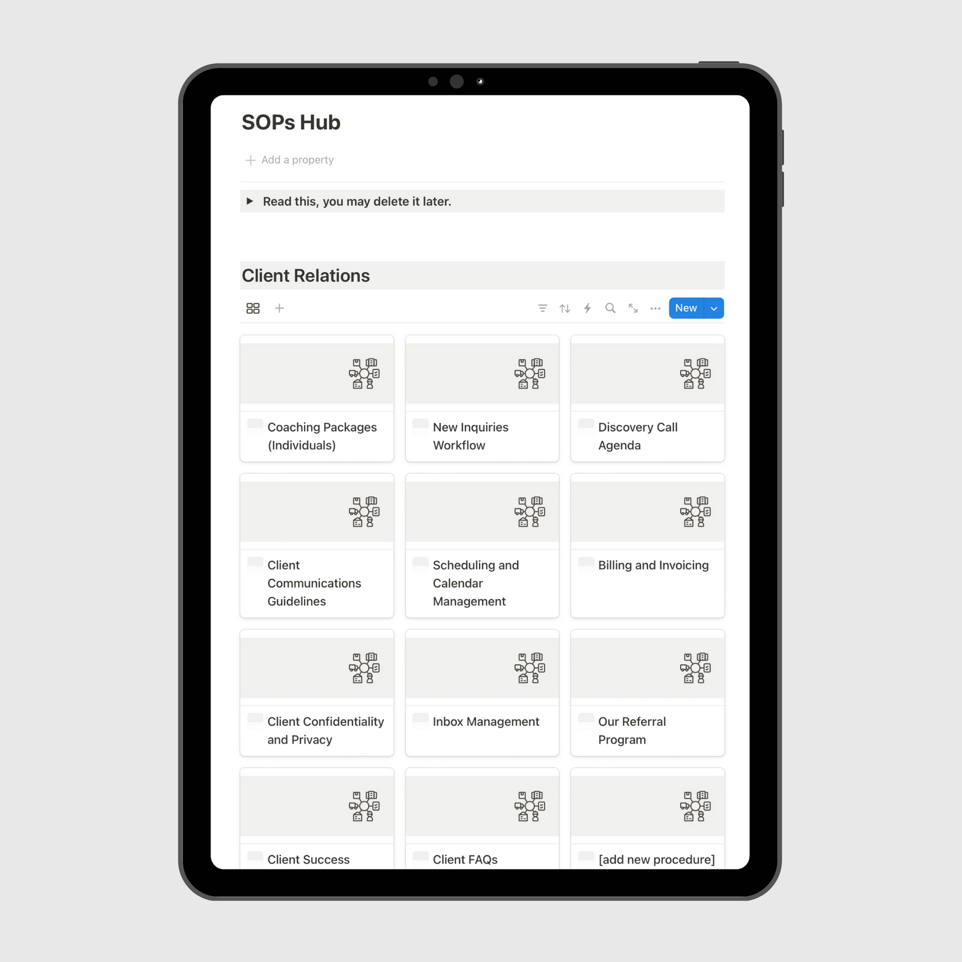 Notion-based SOPs Hub for a coaching business shown on a tablet, highlighting the Client Relations section with templates like Coaching Packages, Discovery Call Agenda, New Inquiries Workflow, Client Communications Guidelines, Billing and Invoicing, and Client Success systems.