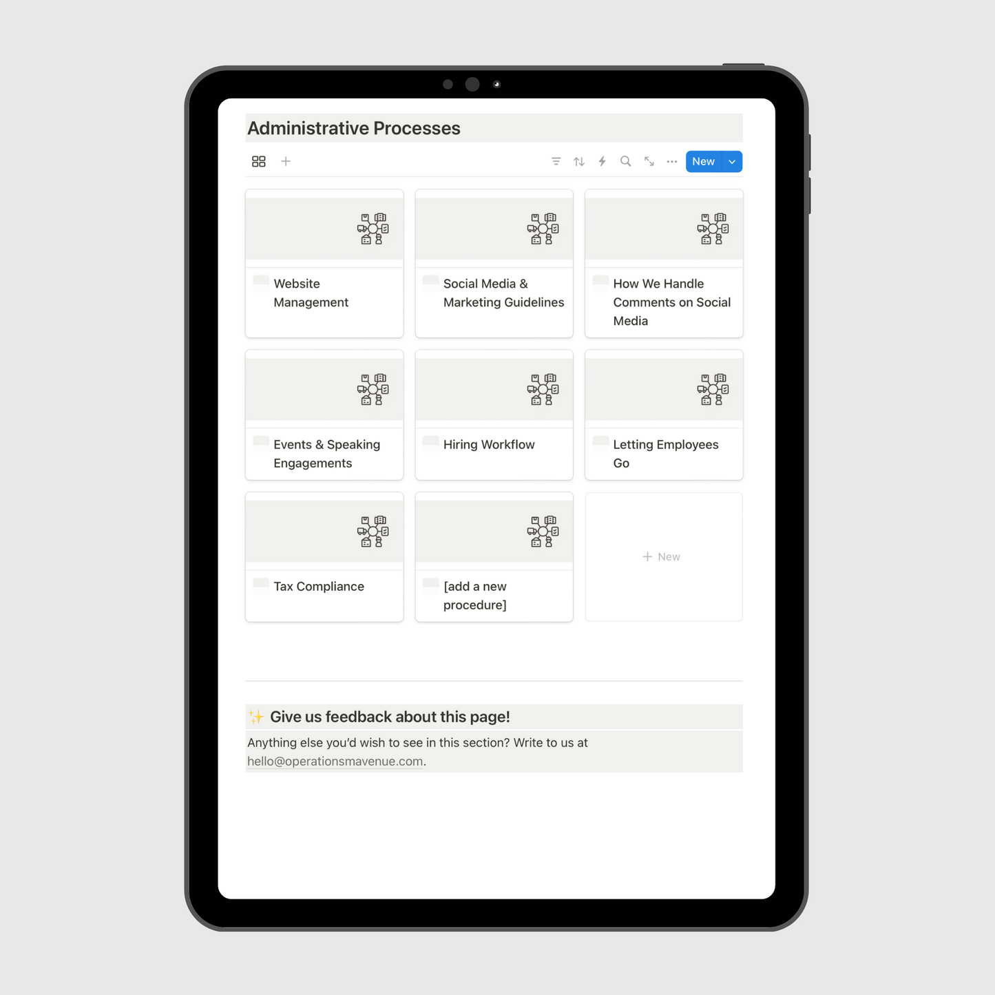Tablet screen displaying the “Administrative Processes” section of a Notion Operations Manual template, featuring organized sections for social media comment management, website management, hiring workflow, letting employees go, and tax compliance.