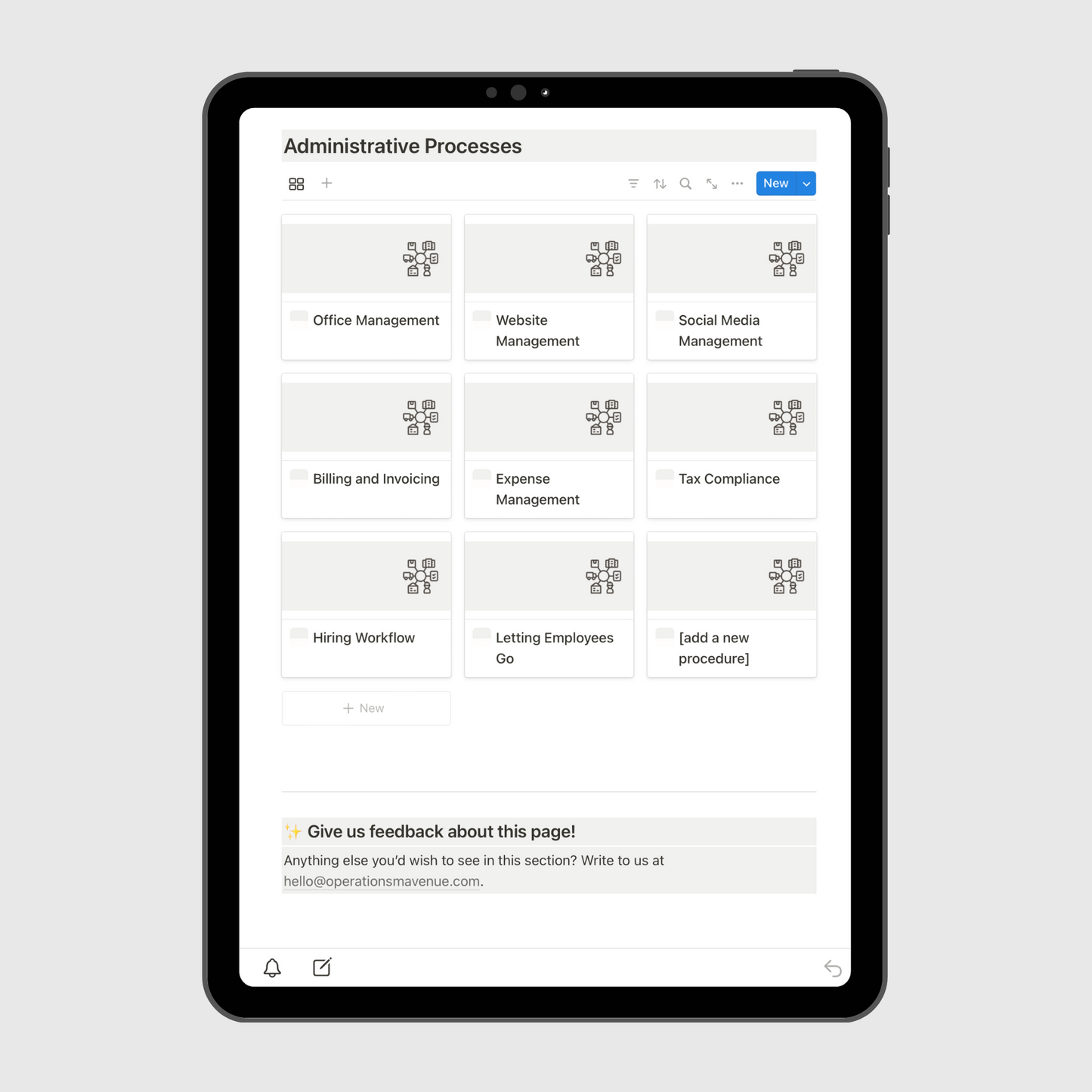 Tablet screen displaying the “Administrative Processes” section of a Notion Operations Manual template, featuring organized sections for website management, expense management, billing and invoicing, office management, and hiring workflow.