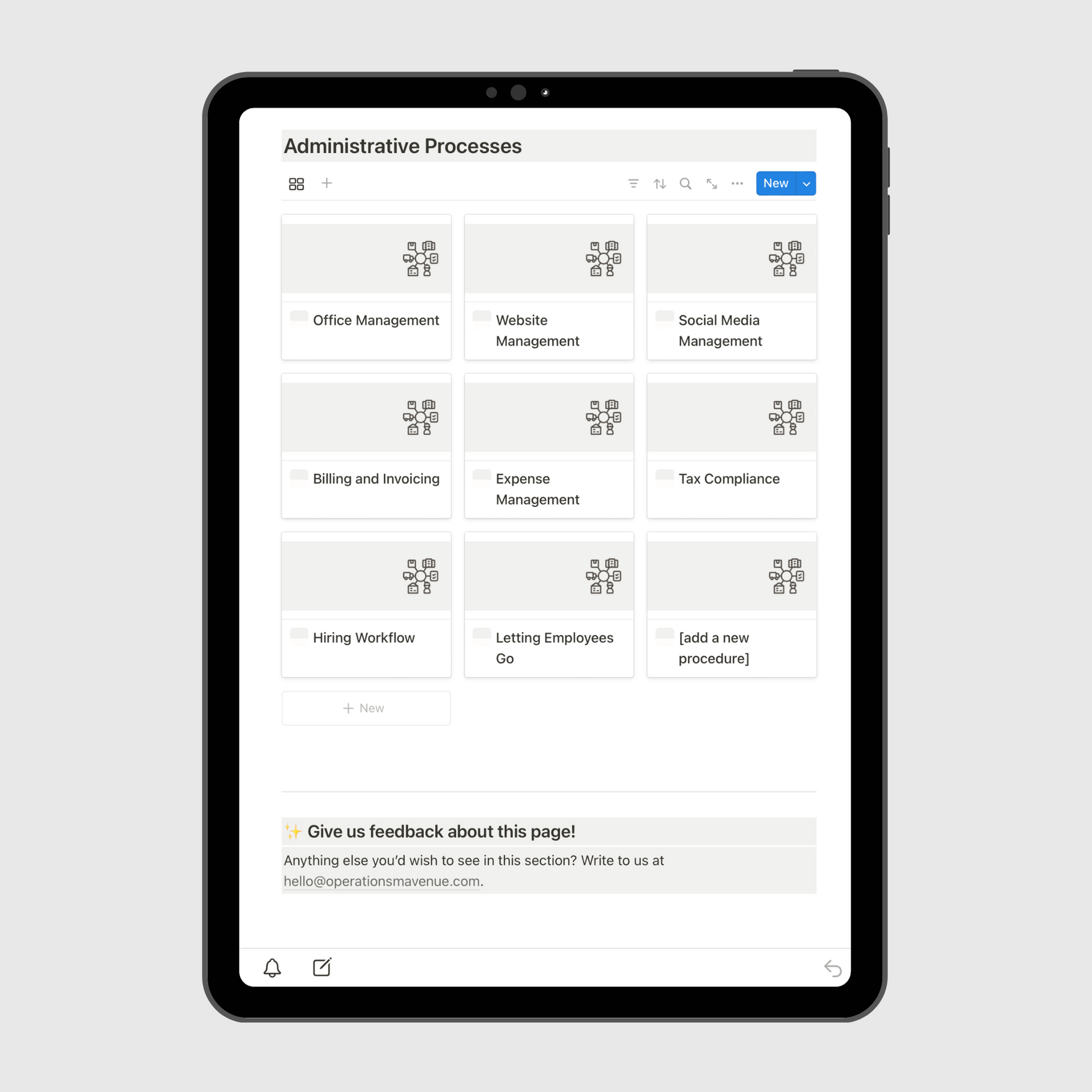 Tablet screen displaying the “Administrative Processes” section of a Notion Operations Manual template, featuring organized sections for website management, expense management, billing and invoicing, office management, and hiring workflow.
