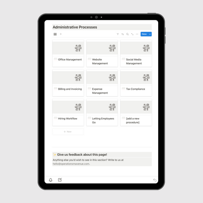 Tablet screen displaying the “Administrative Processes” section of a Notion Operations Manual template, featuring organized sections for website management, expense management, billing and invoicing, office management, and hiring workflow.
