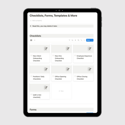 Tablet displaying a Notion template section titled “Checklists, Forms & How-To Guides” for coaching business operations, featuring editable cards including: new client and hire onboarding checklists, a customer feedback form, and an employee performance review checklist.