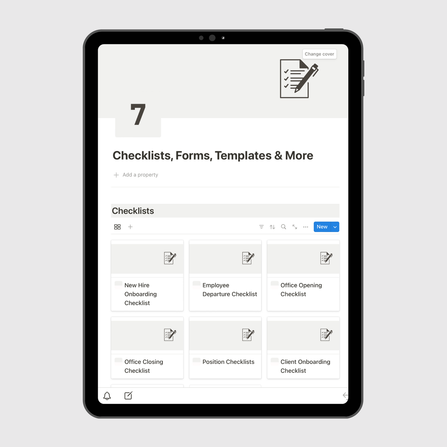 Tablet displaying a Notion template section titled “Checklists, Forms & How-To Guides” for small business operations, featuring editable cards for opening checklist, customer feedback form, and employee performance review checklist.