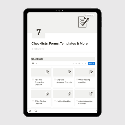 Tablet displaying a Notion template section titled “Checklists, Forms & How-To Guides” for small business operations, featuring editable cards for opening checklist, customer feedback form, and employee performance review checklist.