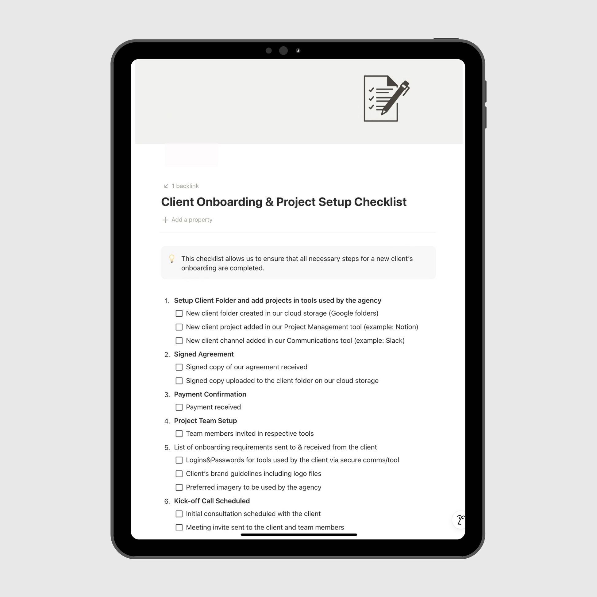 Notion marketing agency operations manual template shown on a tablet with a detailed client onboarding and project setup checklist covering folder creation, agreements, payments, and kickoff calls.