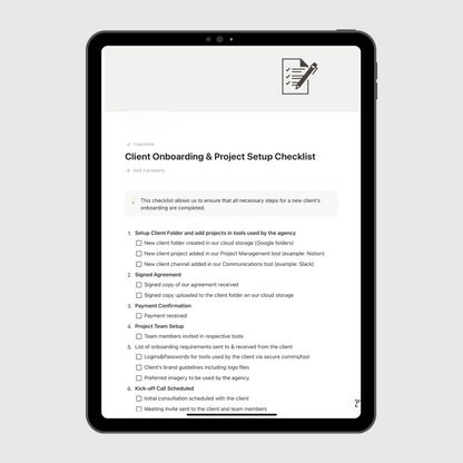 Notion marketing agency operations manual template shown on a tablet with a detailed client onboarding and project setup checklist covering folder creation, agreements, payments, and kickoff calls.