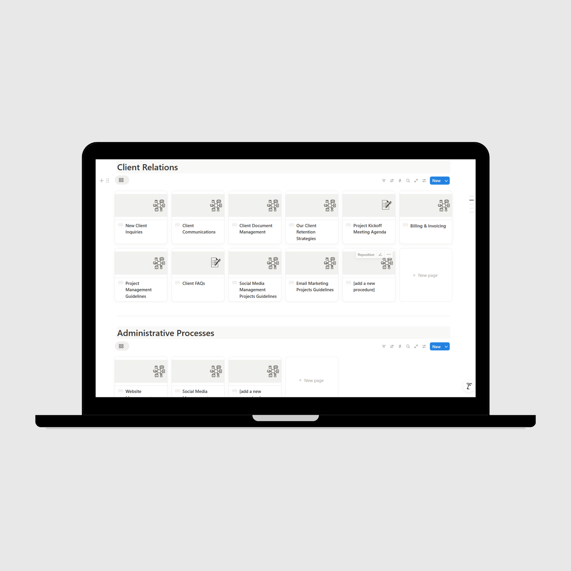 Notion agency operations manual shown on a laptop, displaying Client Relations and Administrative Processes dashboards with SOPs for communications, project management, billing, and social media management.
