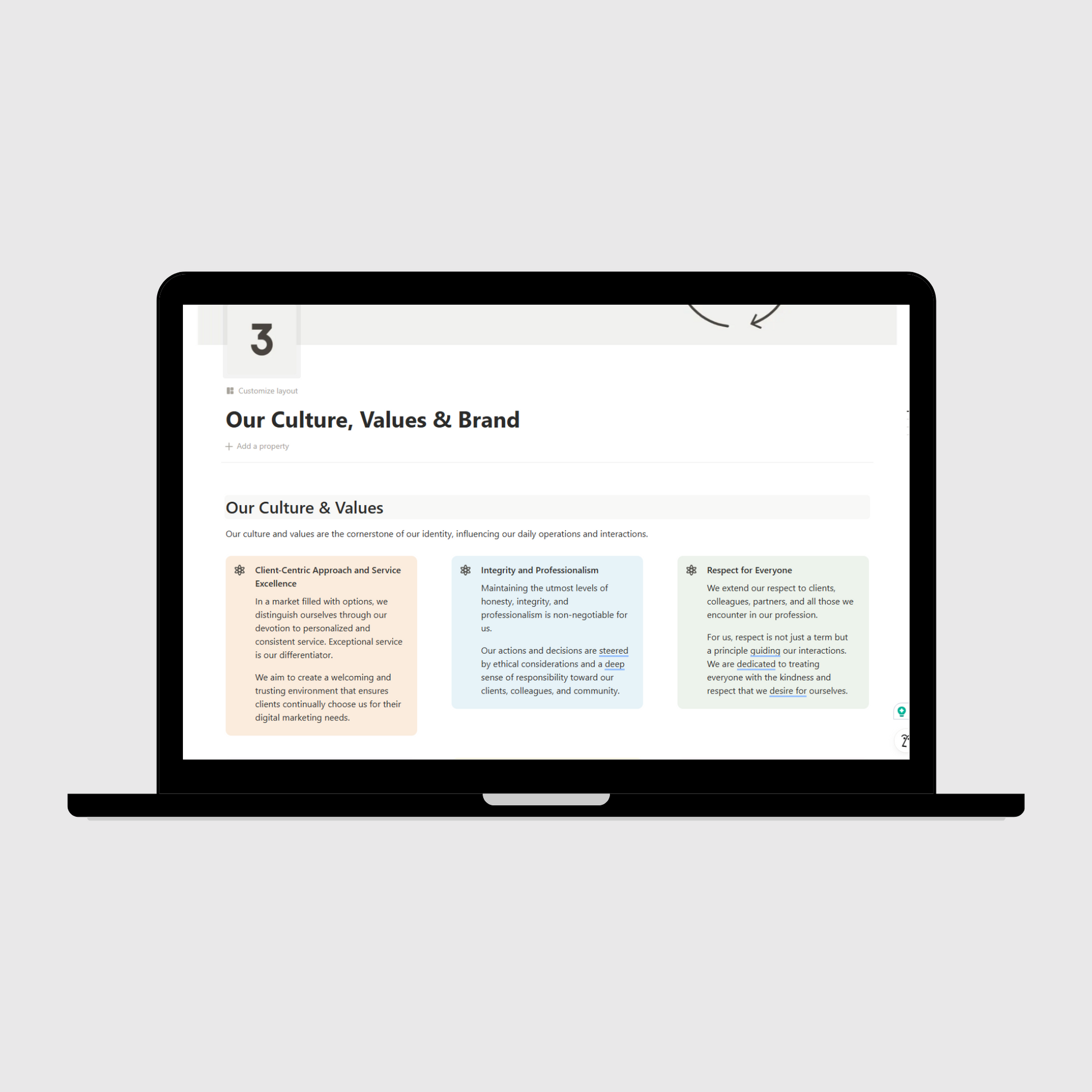 Digital Marketing Agency Operations Manual Notion template shown on a laptop, featuring the Our Culture & Values page highlighting service excellence, integrity, and respect as the foundation of company operations.