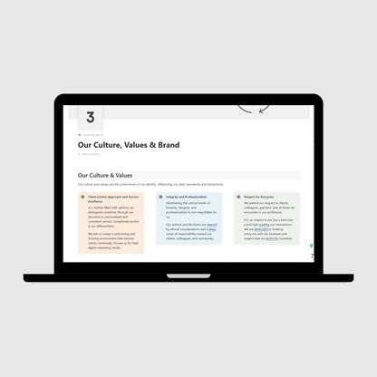 Digital Marketing Agency Operations Manual Notion template shown on a laptop, featuring the Our Culture & Values page highlighting service excellence, integrity, and respect as the foundation of company operations.
