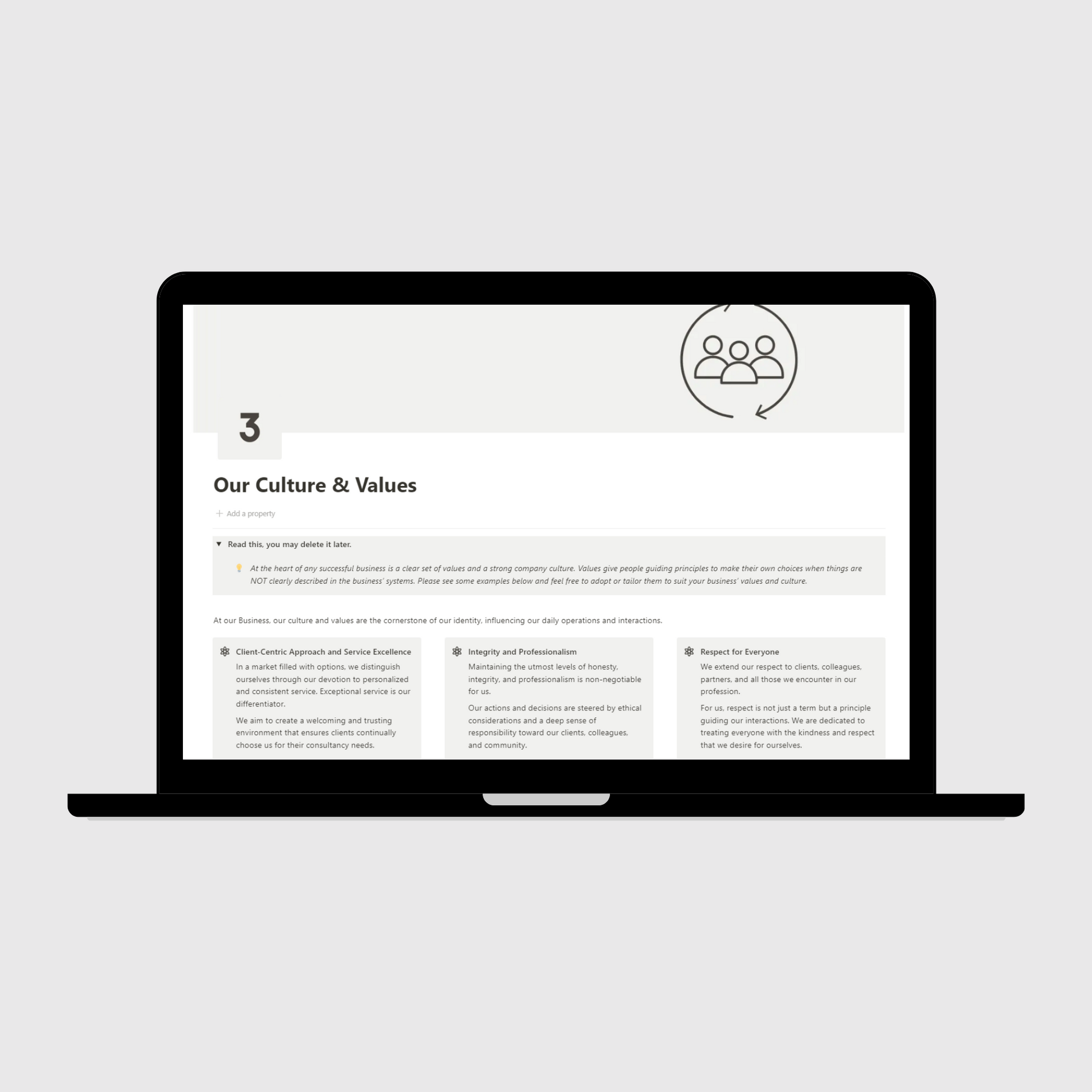 Coaching Business Operations Manual Notion template shown on a laptop, featuring the Our Culture & Values page highlighting service excellence, integrity, and respect as the foundation of company operations.