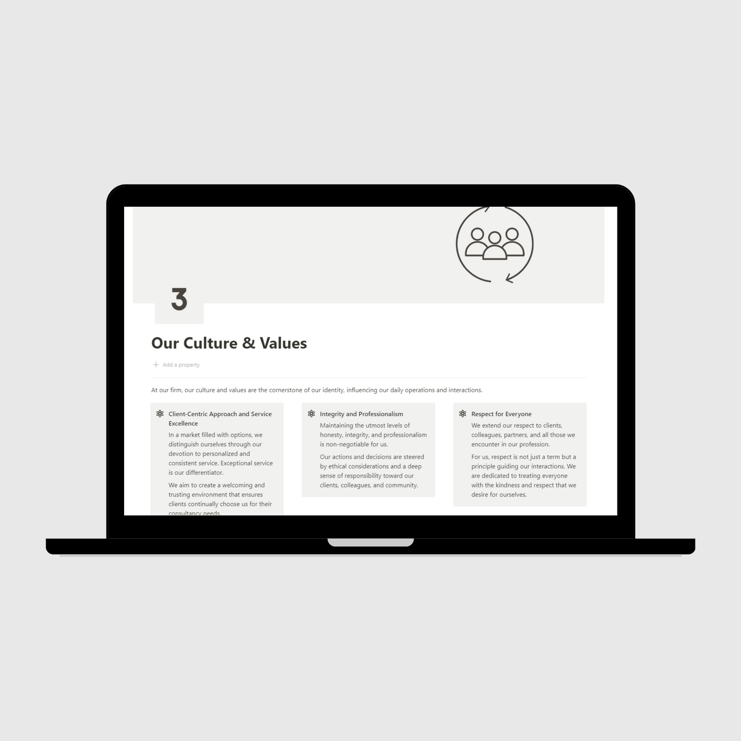 Consulting Firm Operations Manual Notion template shown on a laptop, featuring the Our Culture & Values page highlighting service excellence, integrity, and respect as the foundation of company operations.