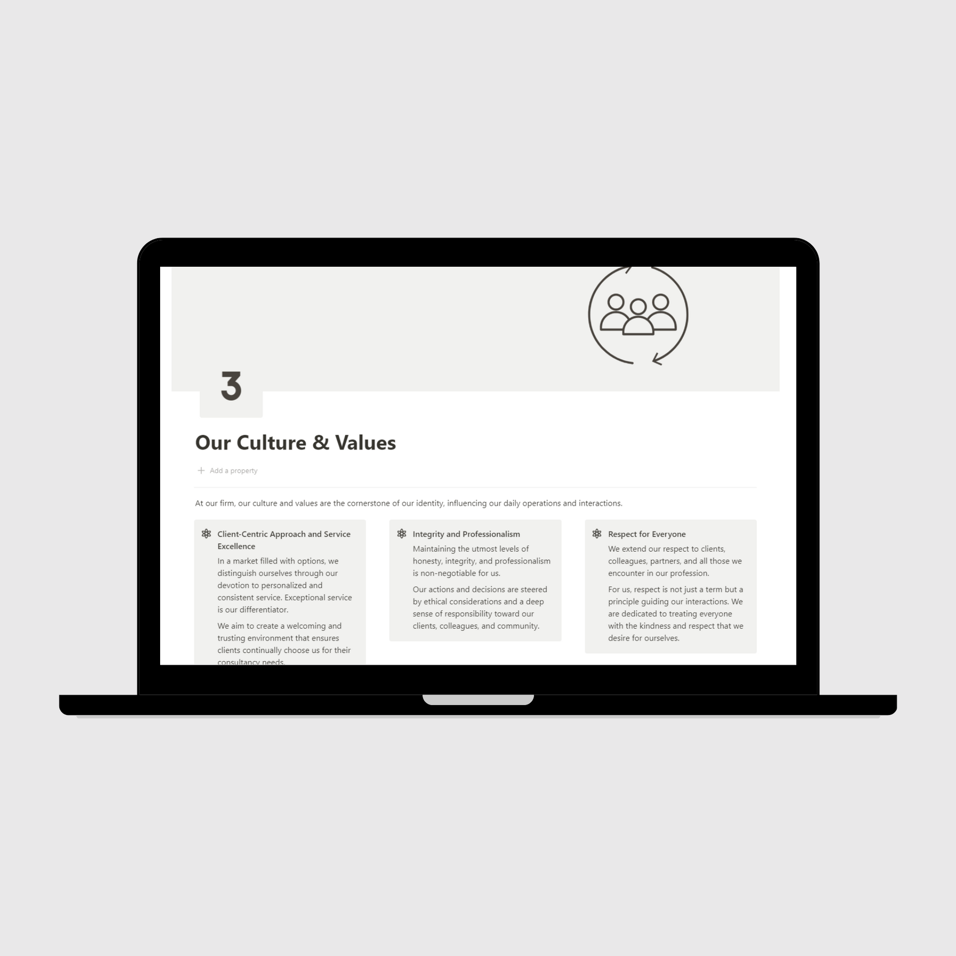 Consulting Firm Operations Manual Notion template shown on a laptop, featuring the Our Culture & Values page highlighting service excellence, integrity, and respect as the foundation of company operations.