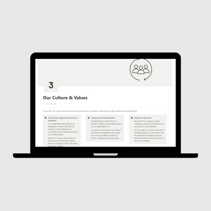 Consulting Firm Operations Manual Notion template shown on a laptop, featuring the Our Culture & Values page highlighting service excellence, integrity, and respect as the foundation of company operations.