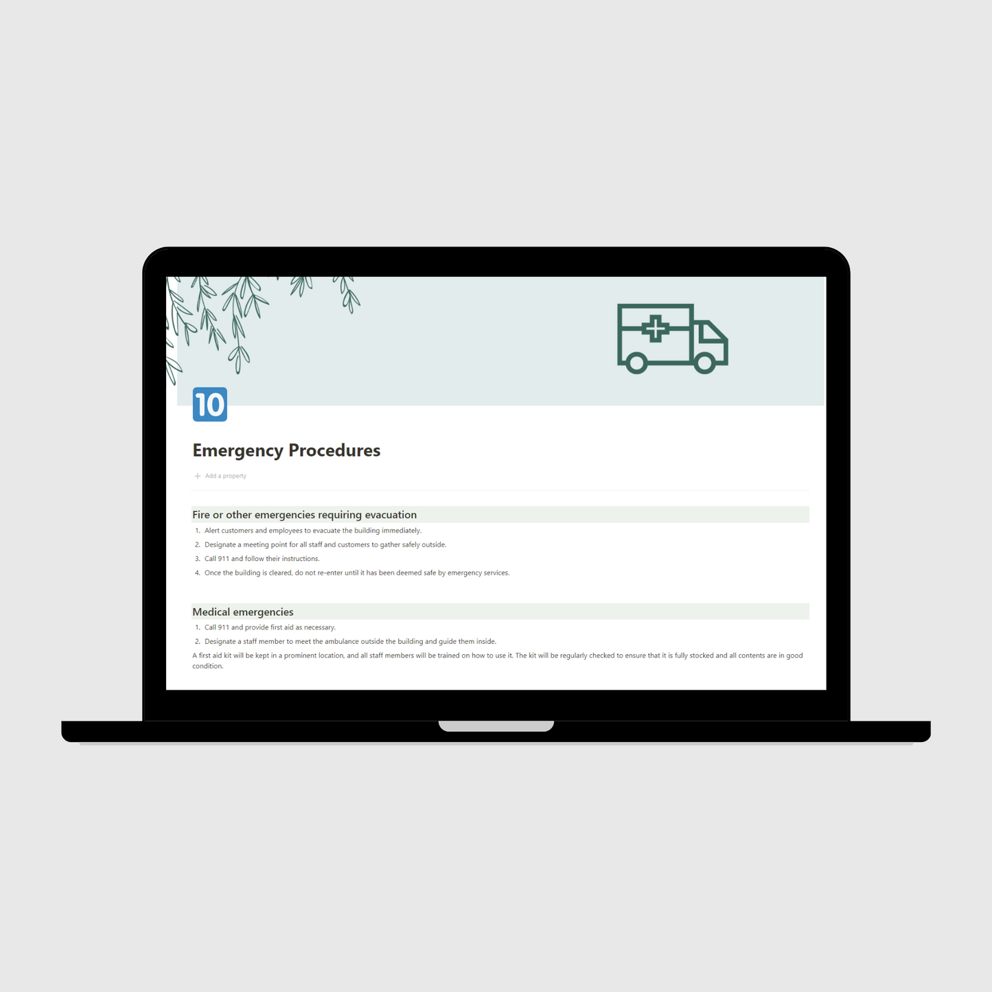 Notion Operations Manual template shown on a laptop, featuring an Emergency Procedures page with evacuation and medical emergency response steps for small busineses.
