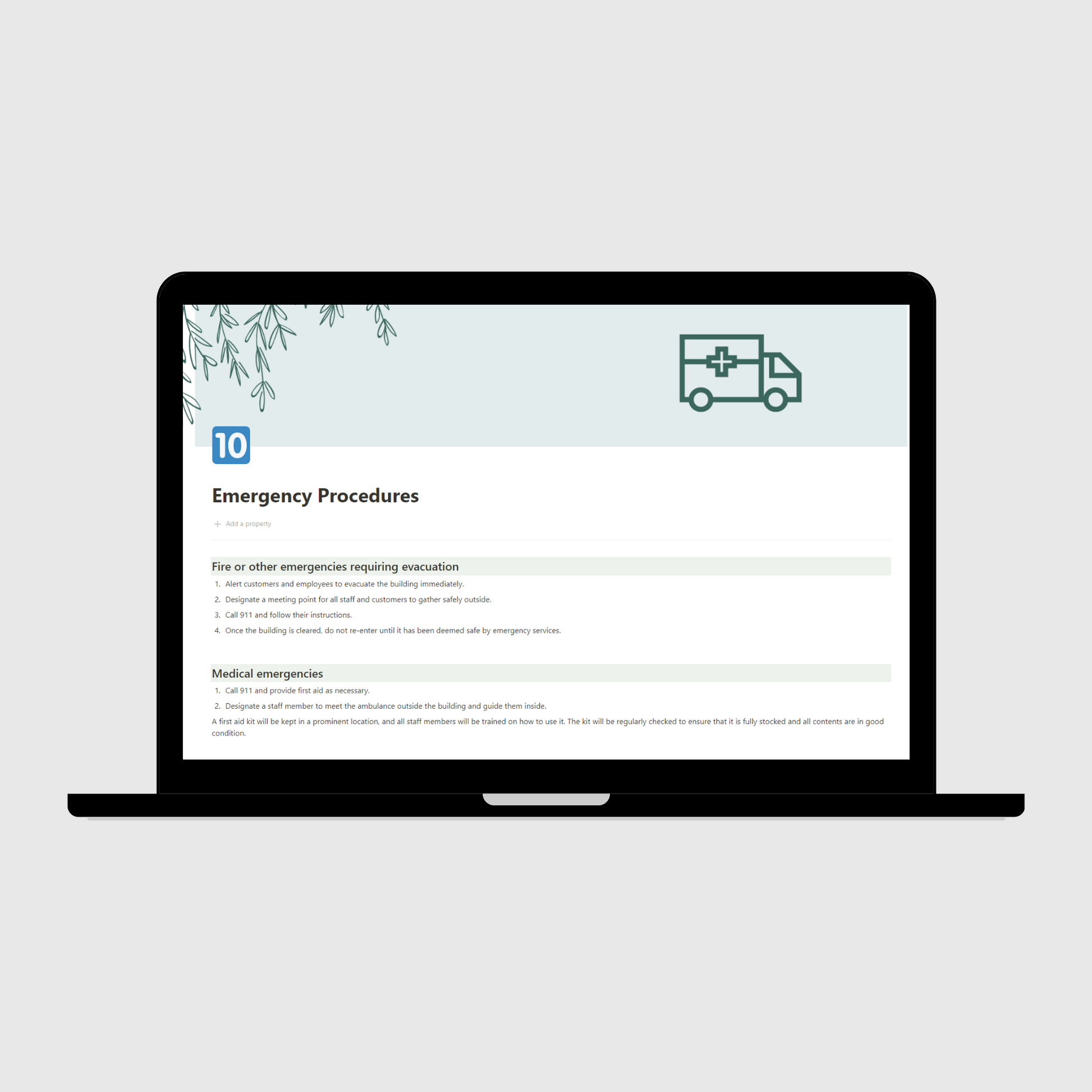 Notion Operations Manual template shown on a laptop, featuring an Emergency Procedures page with evacuation and medical emergency response steps for small busineses.