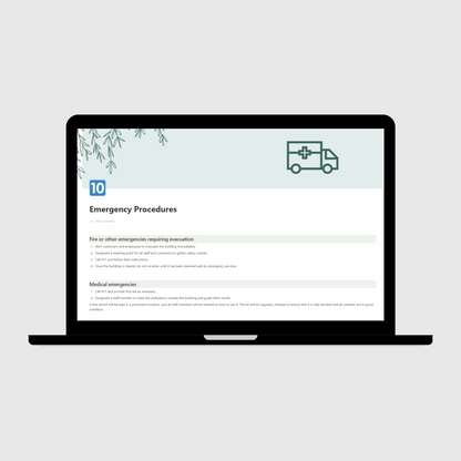 Notion Operations Manual template shown on a laptop, featuring an Emergency Procedures page with evacuation and medical emergency response steps for small busineses.