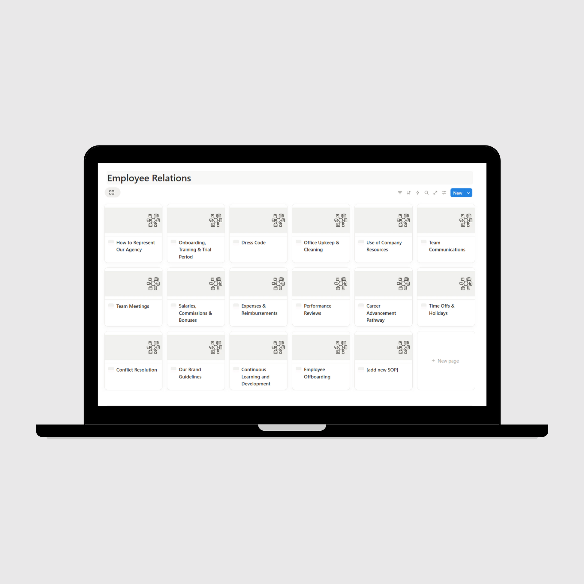 Notion operations manual template for digital marketing agencies displayed on a laptop, featuring the Employee Relations dashboard with HR policies such as onboarding, dress code, performance reviews, and career development.