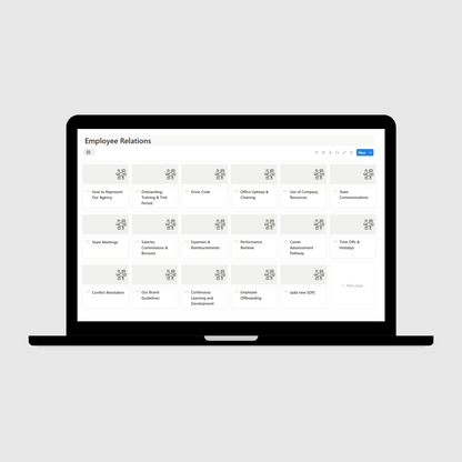 Notion operations manual template for digital marketing agencies displayed on a laptop, featuring the Employee Relations dashboard with HR policies such as onboarding, dress code, performance reviews, and career development.