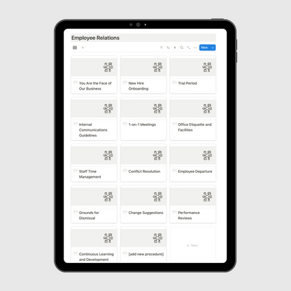 Notion Coaching Business Operations Manual template displayed on a tablet, showing the Employee Relations dashboard with policies for onboarding, communication, training, and performance management.