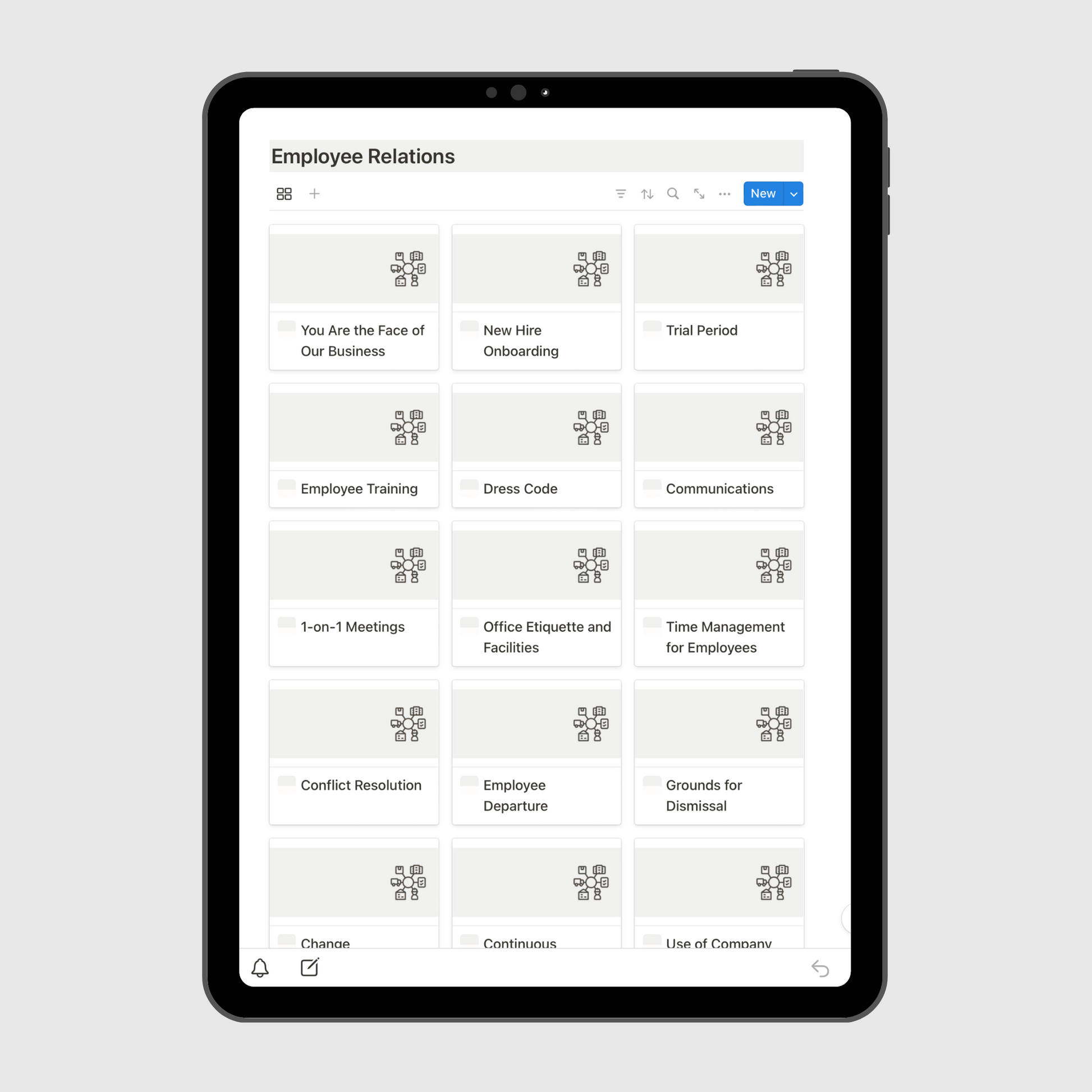 Notion Consulting Firm Operations Manual template displayed on a tablet, showing the Employee Relations dashboard with policies for onboarding, communication, training, and performance management.