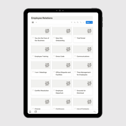 Notion Consulting Firm Operations Manual template displayed on a tablet, showing the Employee Relations dashboard with policies for onboarding, communication, training, and performance management.