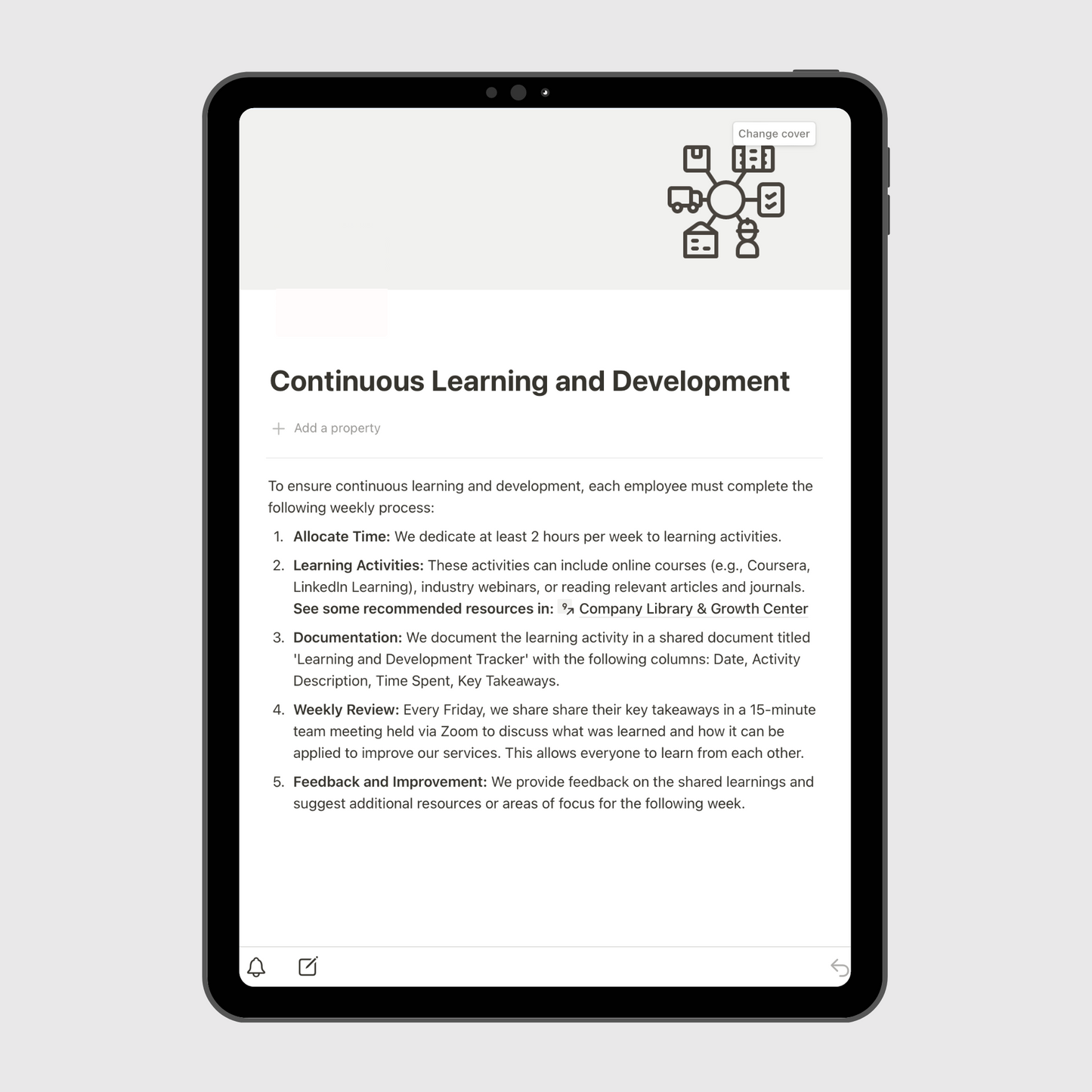 Consulting Firm Operations Manual Notion template displayed on a tablet, highlighting a Continuous Learning and Development policy outlining time allocation, learning activities, and weekly feedback practices.