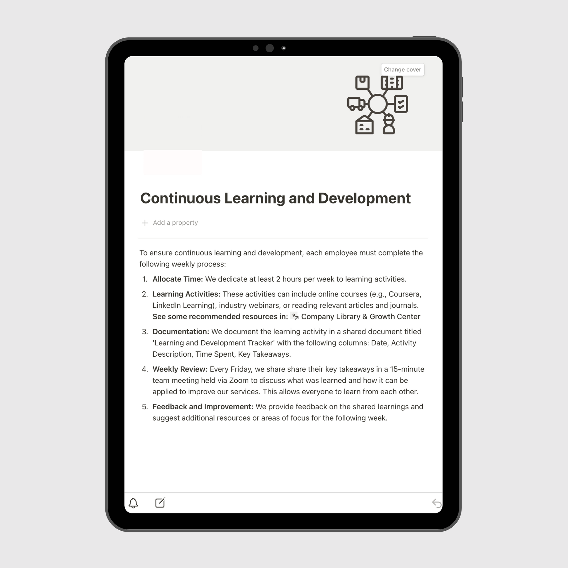 Consulting Firm Operations Manual Notion template displayed on a tablet, highlighting a Continuous Learning and Development policy outlining time allocation, learning activities, and weekly feedback practices.