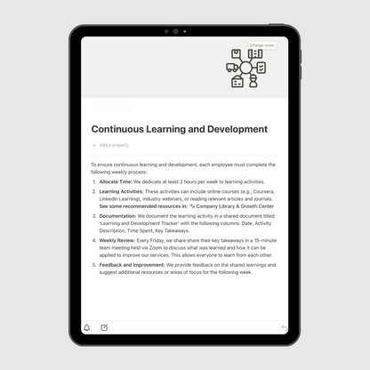 Consulting Firm Operations Manual Notion template displayed on a tablet, highlighting a Continuous Learning and Development policy outlining time allocation, learning activities, and weekly feedback practices.