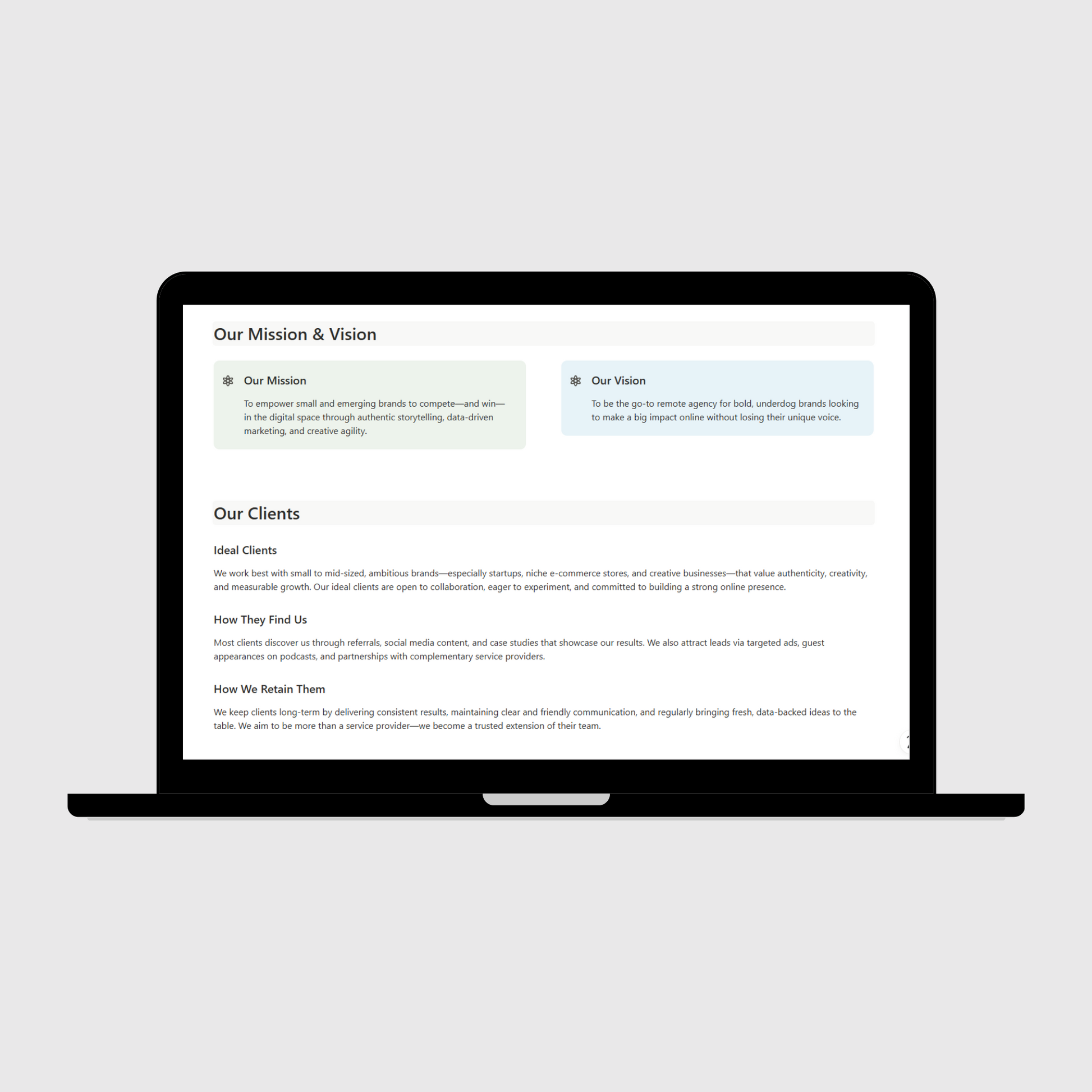 Laptop showing a digital marketing agency operations manual page detailing company mission, vision, and client profiles, including ideal clients, how they find the agency, and long-term retention strategies.