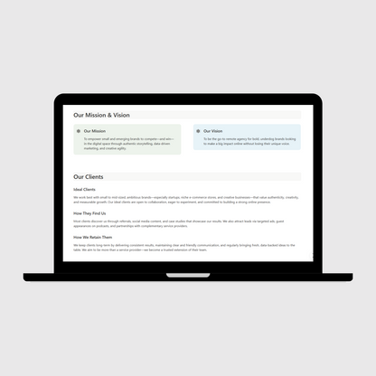 Laptop showing a digital marketing agency operations manual page detailing company mission, vision, and client profiles, including ideal clients, how they find the agency, and long-term retention strategies.
