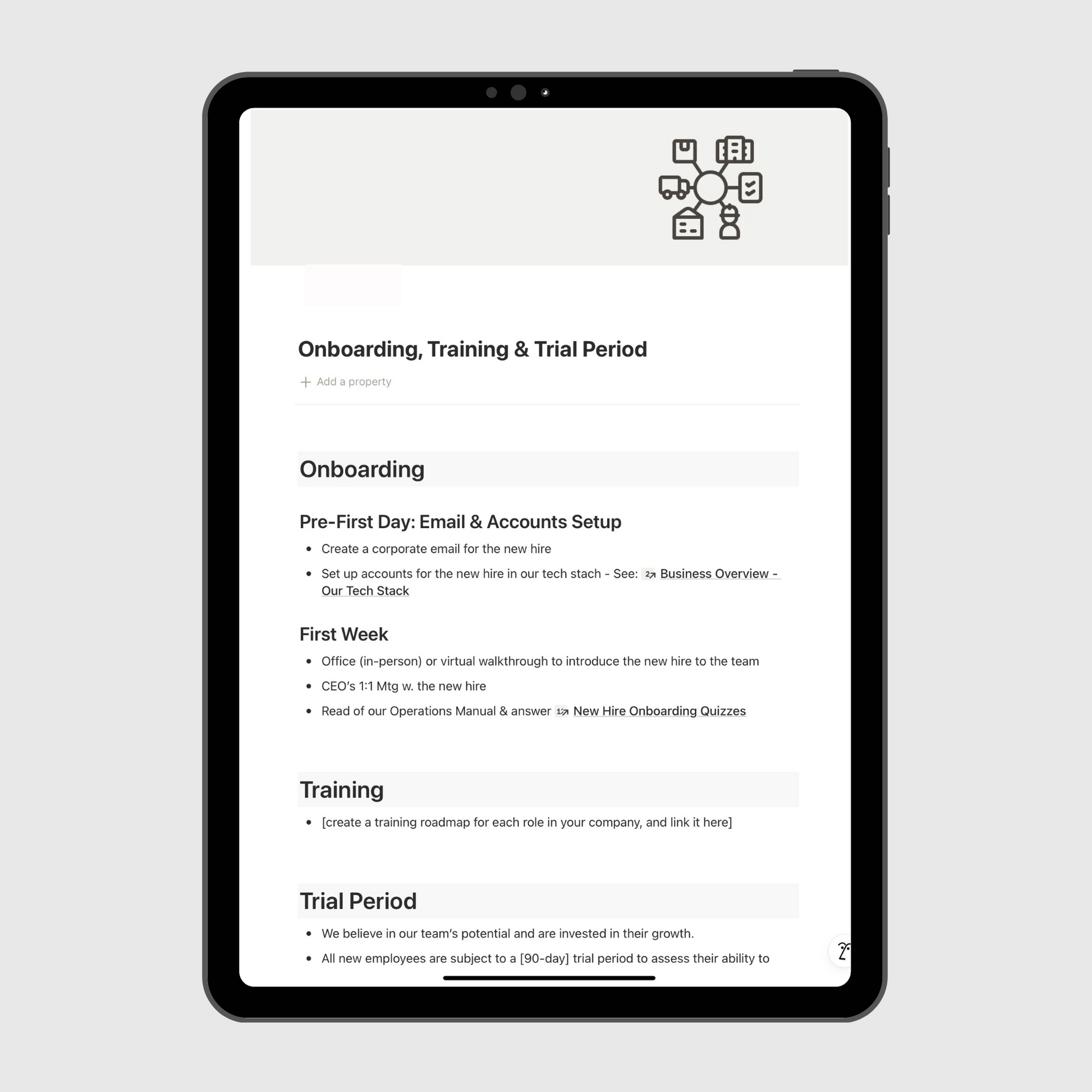 Notion digital marketing agency operations manual template displayed on a tablet, showing onboarding, training, and trial period procedures for new hires, including setup, training roadmap, and performance evaluation steps.