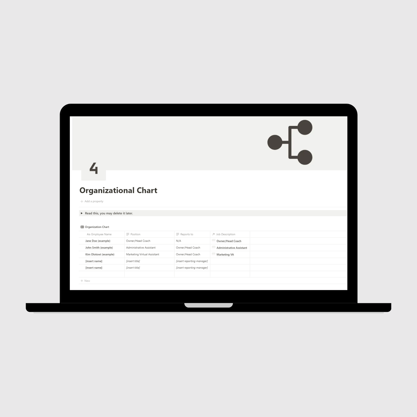 Notion Coaching Business Operations Manual template shown on a laptop, presenting an Organizational Chart layout with team structure, reporting lines, and example job titles for coaching teams.