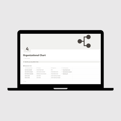 Notion Coaching Business Operations Manual template shown on a laptop, presenting an Organizational Chart layout with team structure, reporting lines, and example job titles for coaching teams.