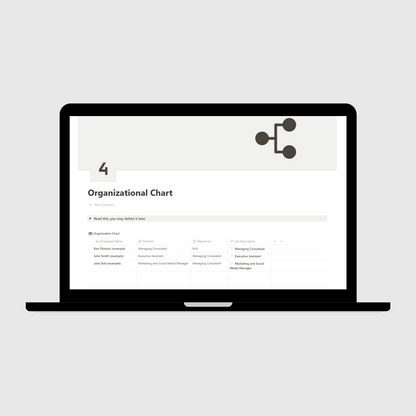 Notion Consulting Firm Operations Manual template shown on a laptop, presenting an Organizational Chart layout with team structure, reporting lines, and example job titles for consulting teams.
