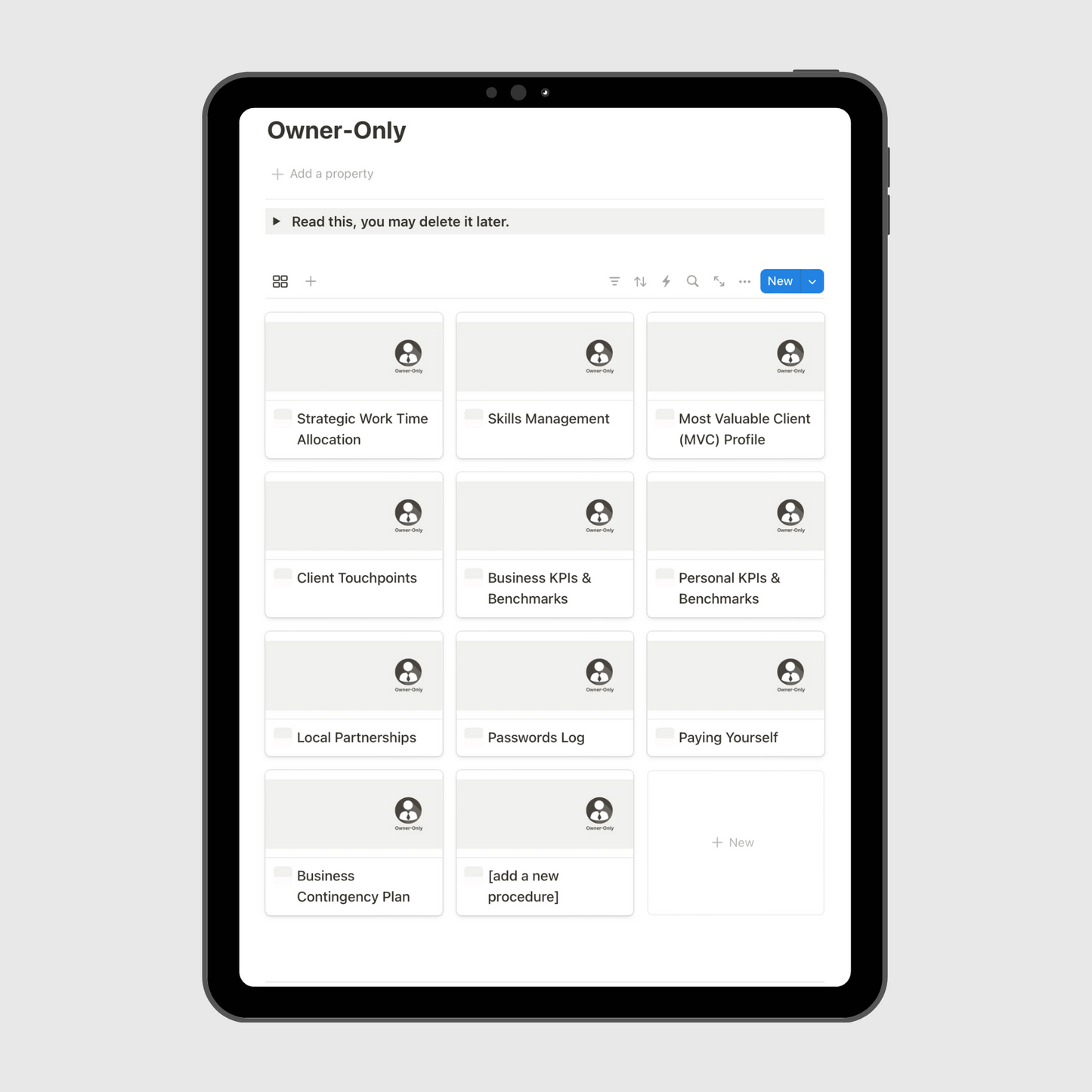 Tablet screen displaying the “Owner-Only Section” of a Notion Operations Manual template, featuring private business management pages for hiring, letting employees go, price changes, and owner compensation. 