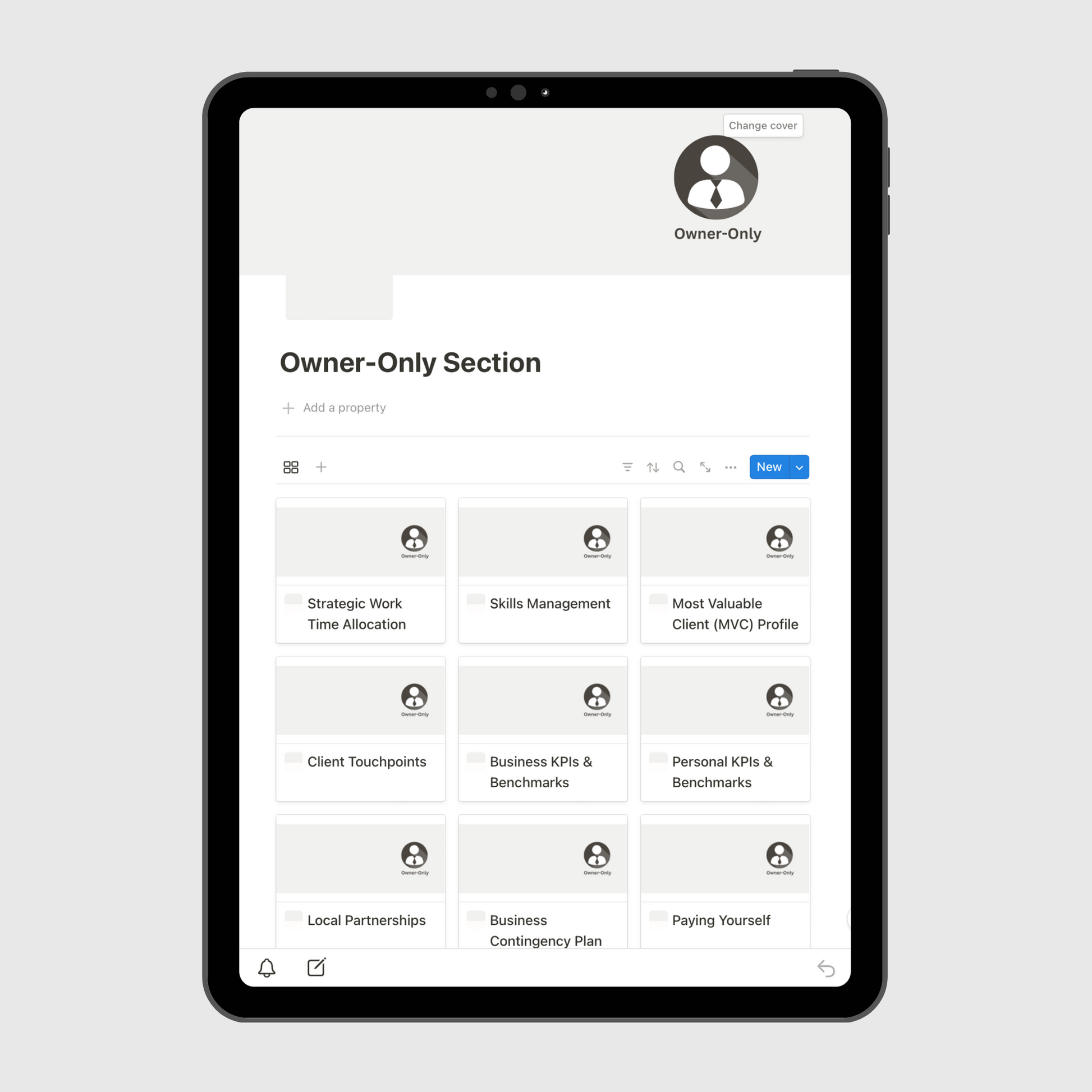 Notion Consulting Firm Operations Manual template displayed on a tablet with the Owner-Only Section containing business KPIs, skill management, client strategy tools, and decision-making frameworks for firm owners.