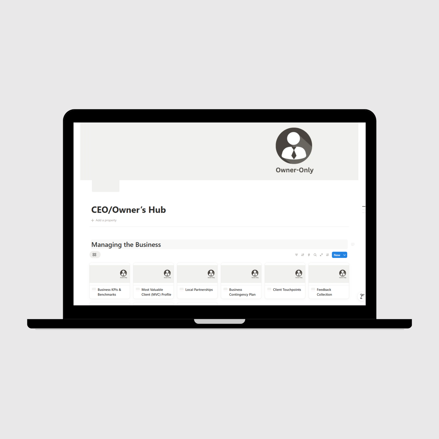 Notion marketing agency CEO/Owner’s Hub template displayed on a laptop, including sections for business KPIs, client partnerships, contingency planning, and feedback systems for agency leaders.