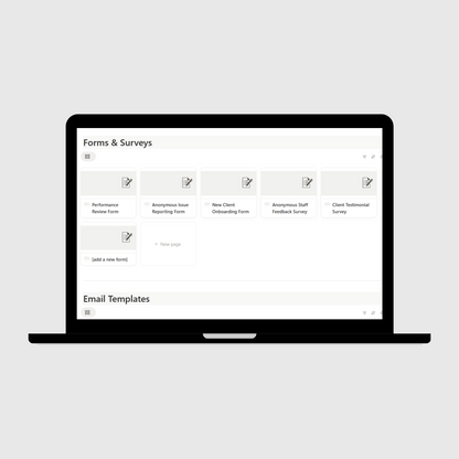 Notion marketing agency SOP template shown on a laptop with a Forms & Surveys dashboard including performance review forms, client onboarding forms, staff feedback, and testimonial surveys.