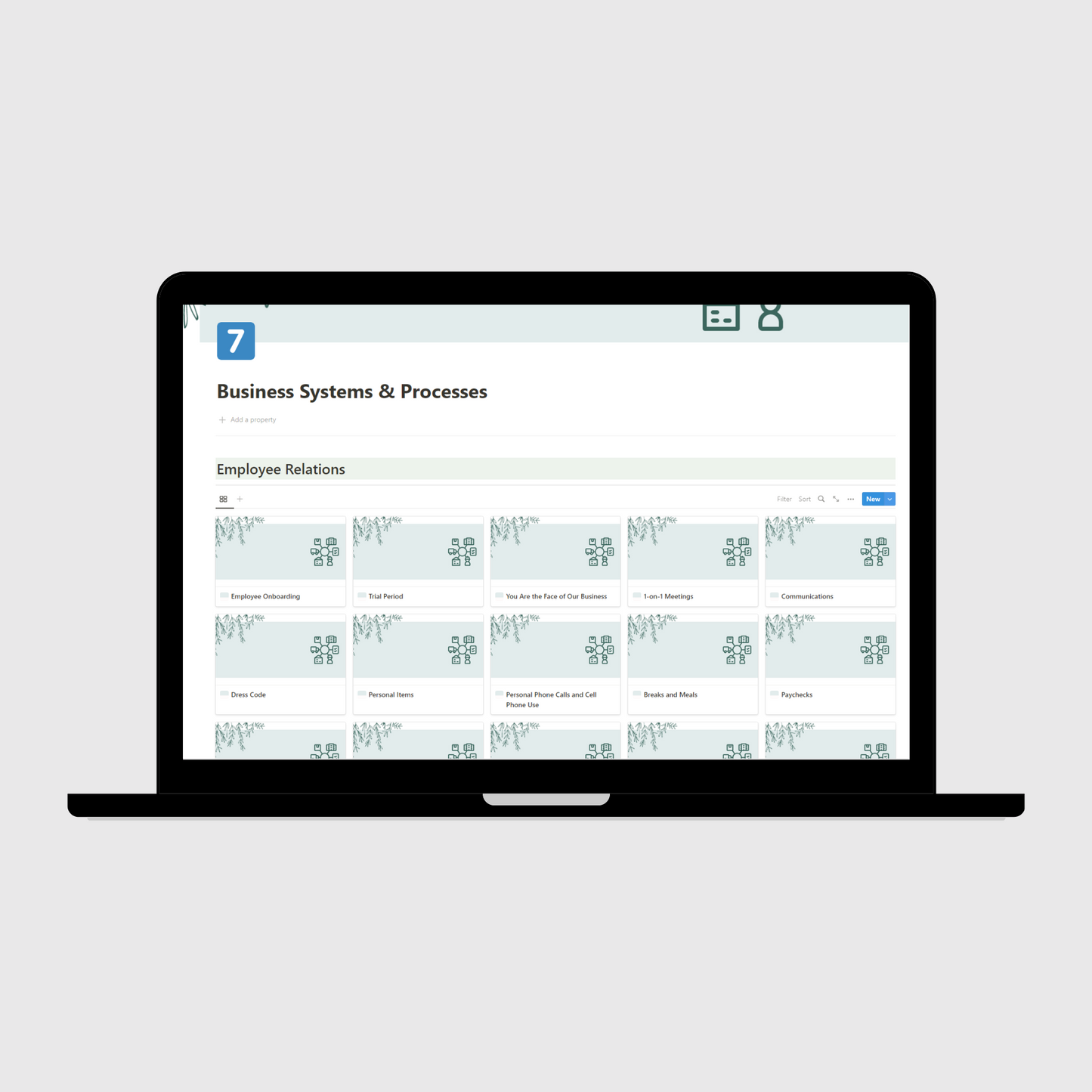 Notion Operations Manual template shown on a laptop, featuring the Business Systems & Processes section with organized employee relations templates for onboarding, meetings, communications, and pay management in small businesses.
