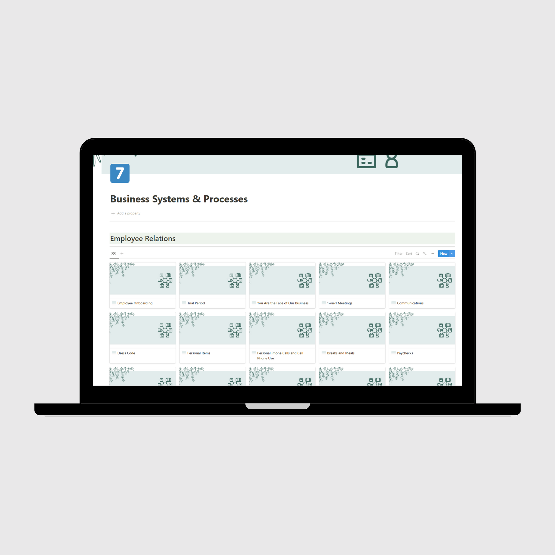 Notion Operations Manual template shown on a laptop, featuring the Business Systems & Processes section with organized employee relations templates for onboarding, meetings, communications, and pay management in small businesses.